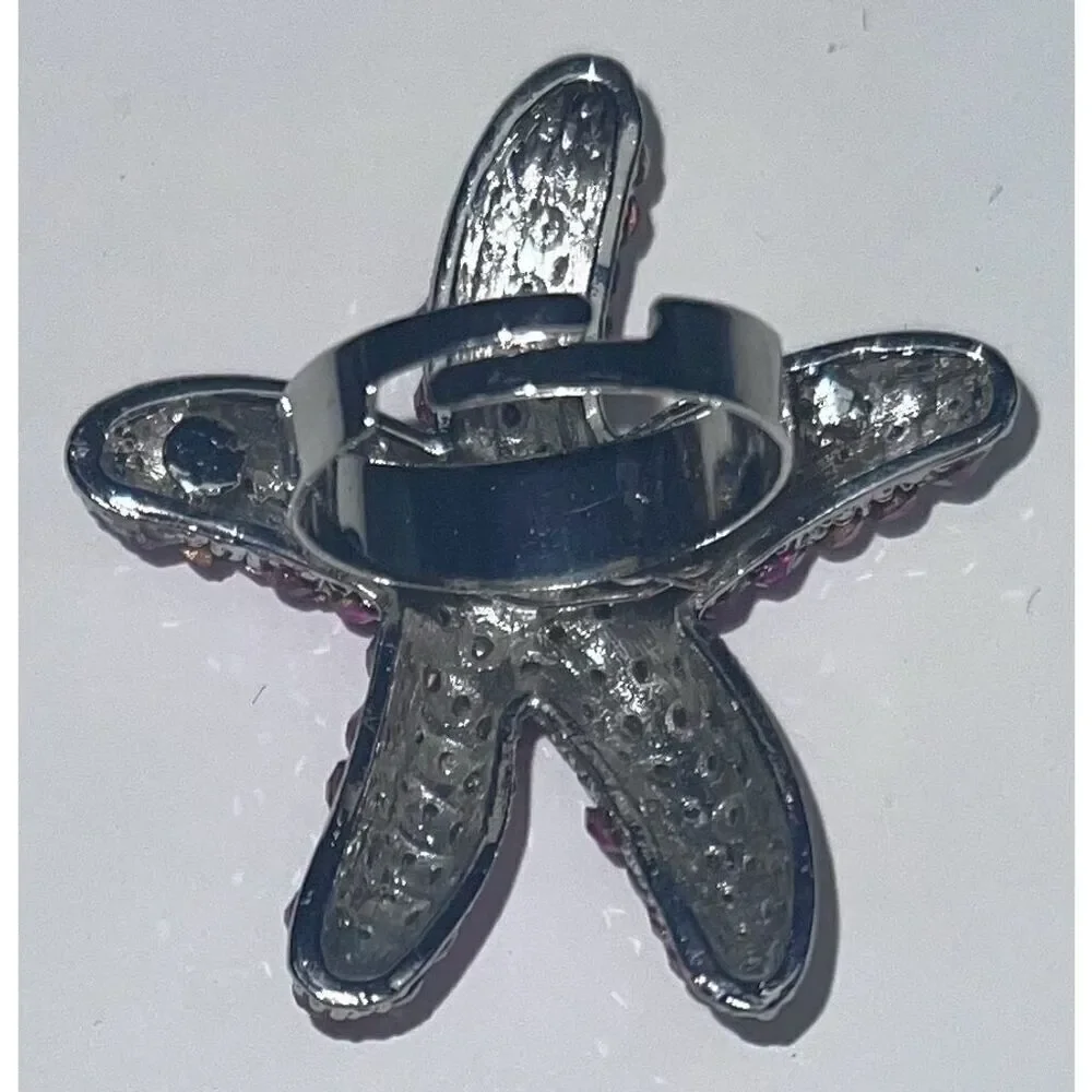 Neon Fuchsia Pink Crystal Starfish Adjustable Ring Ocean Theme
